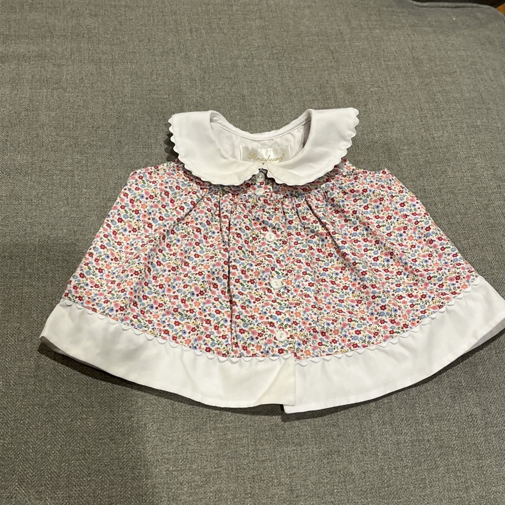 Vintage Strasburg Pink Floral Baby Dress with Lace Accents Button Detail Size 6M